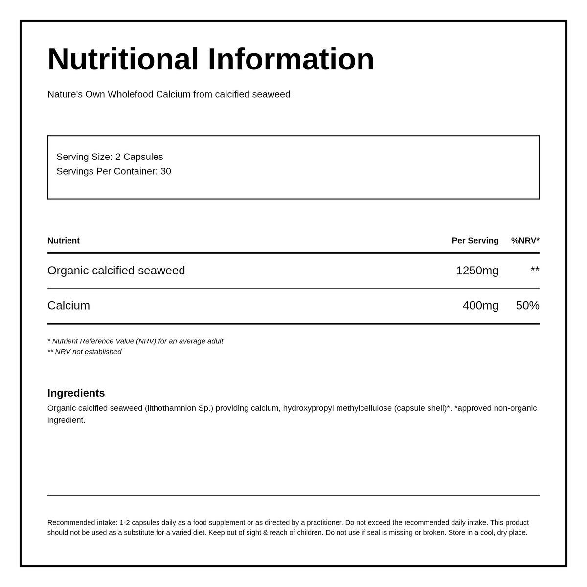 Natures Own Wholefood Calcium from Seaweed 200mg 60 vcaps — nutrition information panel, generated from the pack