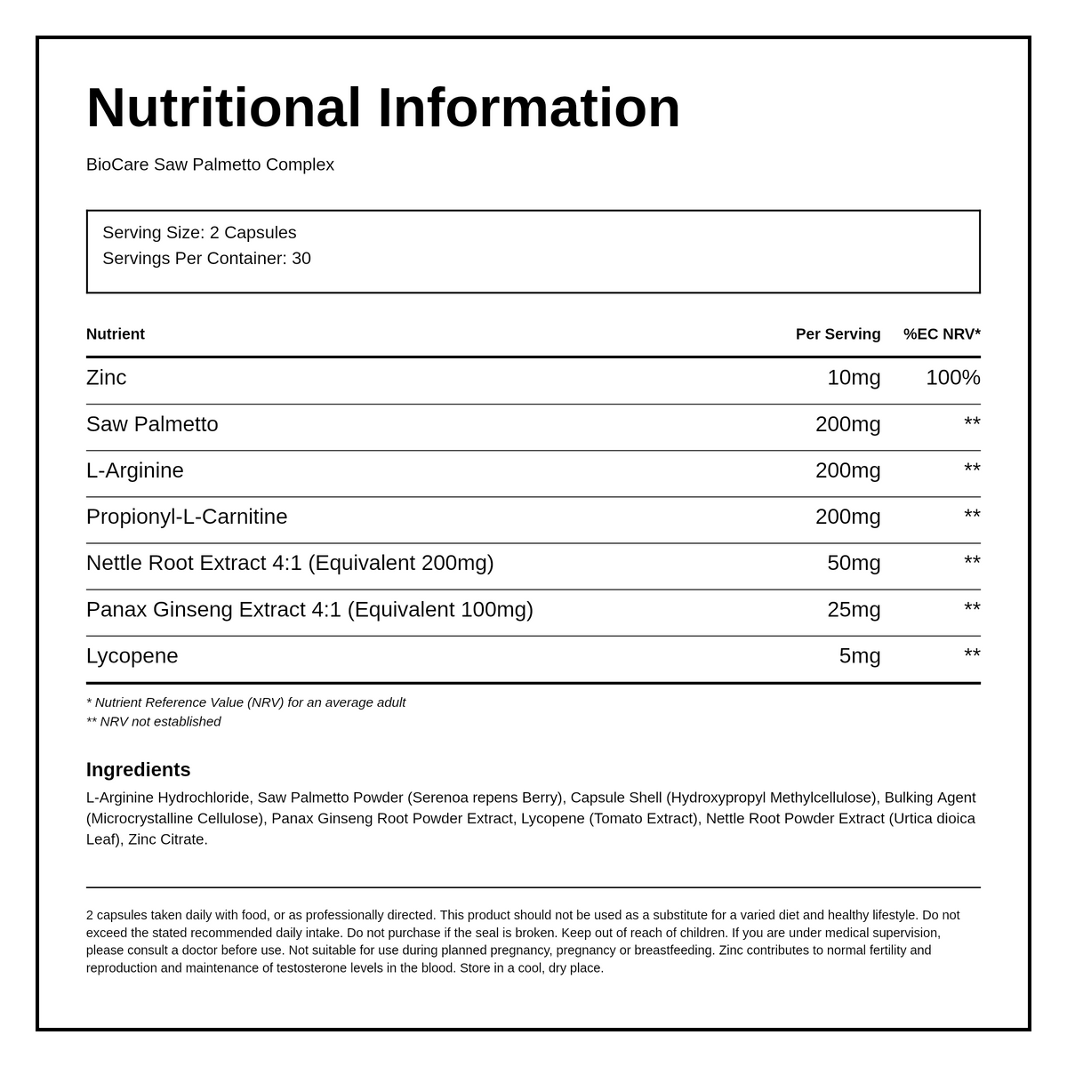 Biocare Saw Palmetto Complex — nutrition information panel, generated from the pack