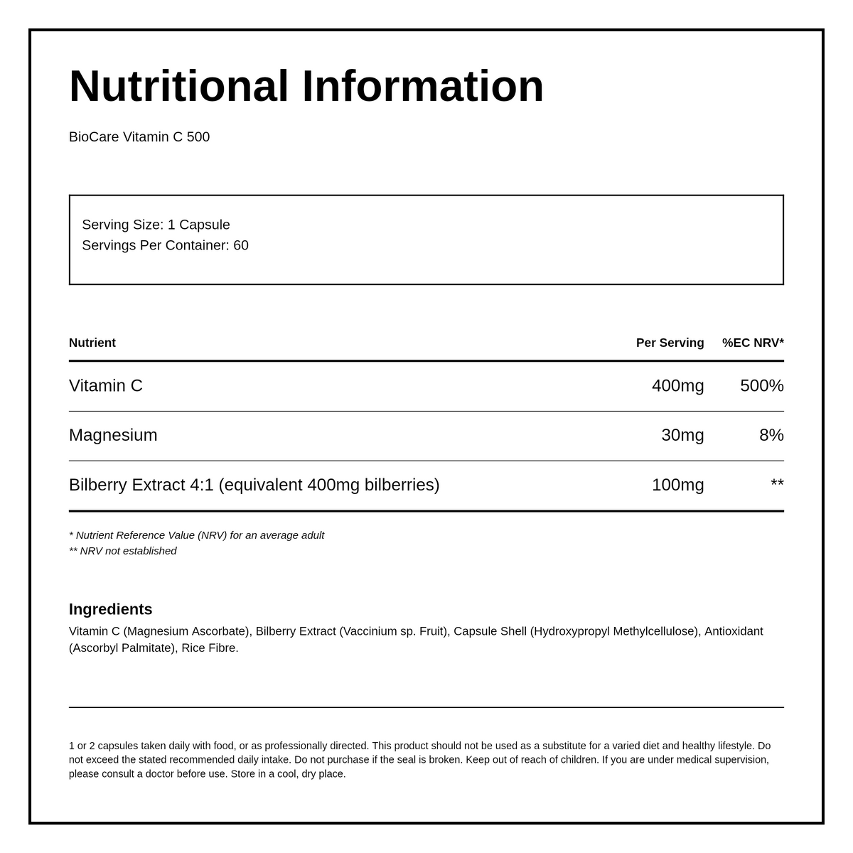 Biocare Vitamin C 500mg 60 Vcaps — nutrition information panel, generated from the pack
