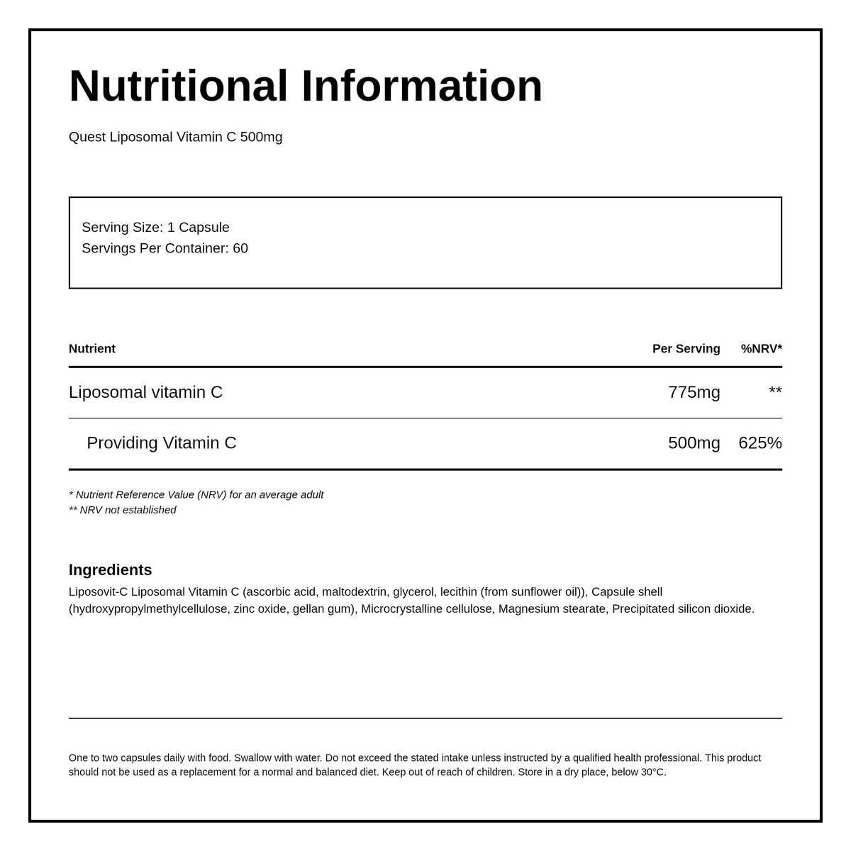 Quest Liposomal Vitamin C 500mg 60 caps — nutrition information panel, generated from the pack