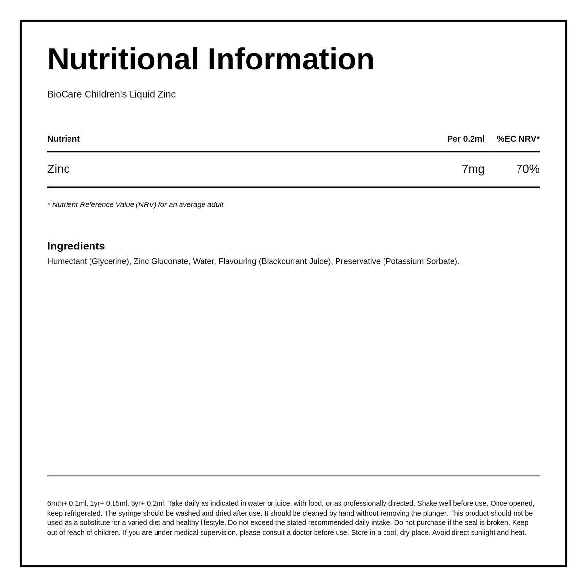 Biocare Children's Liquid Zinc — nutrition information panel, generated from the pack