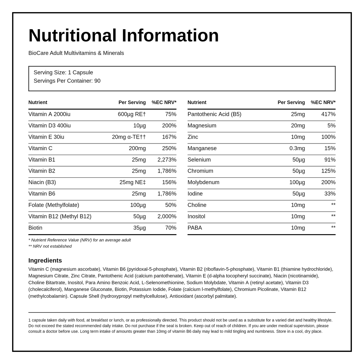 Biocare Adult Multivitamins & Minerals — nutrition information panel, generated from the pack