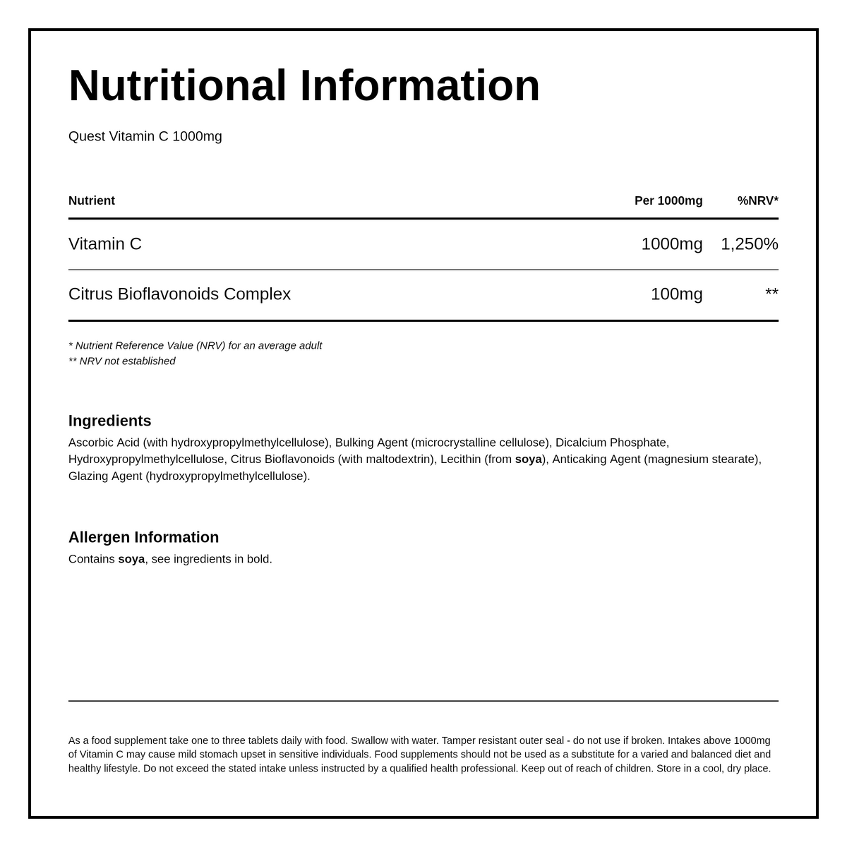 Quest Vitamin C 1000mg Timed Release — nutrition information panel, generated from the pack