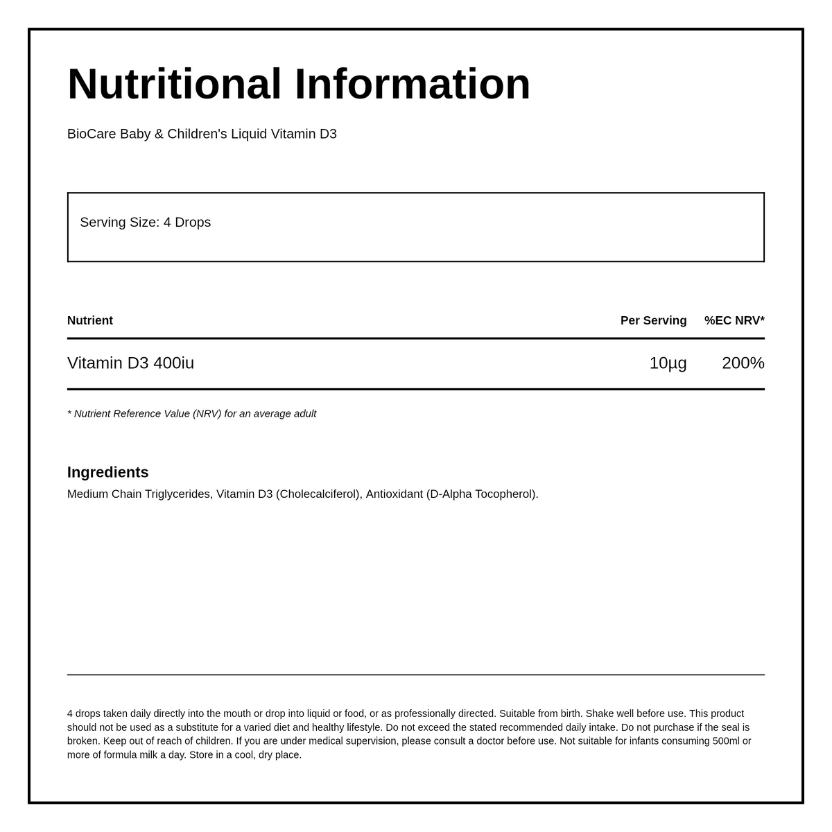 Biocare Baby & Children's Vitamin D3 — nutrition information panel, generated from the pack