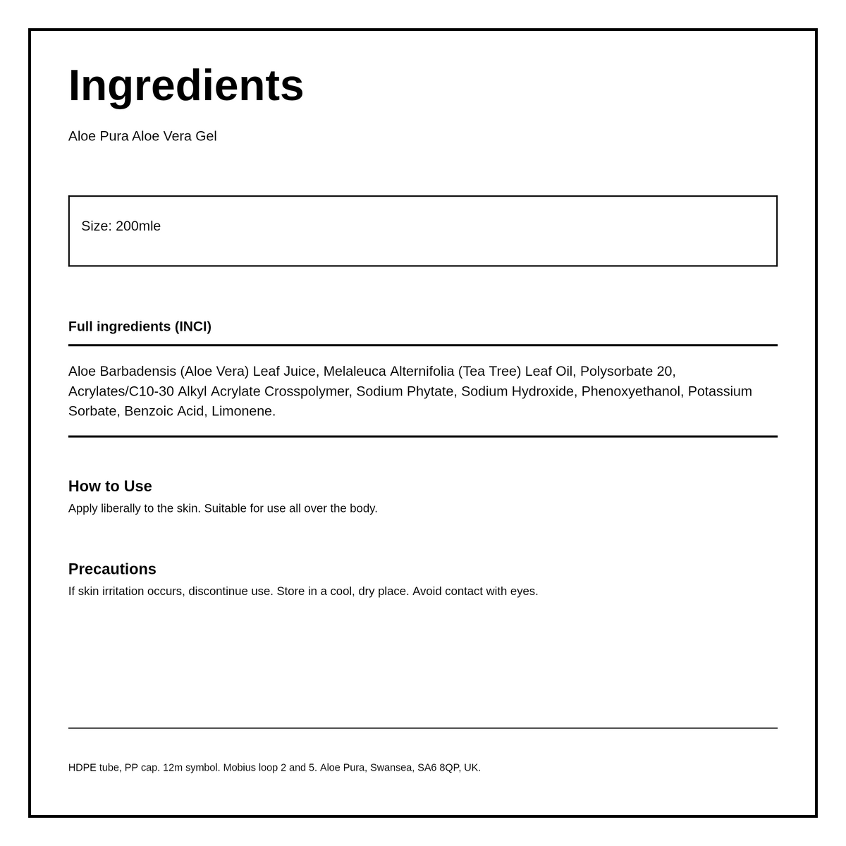Aloe Pura Aloe Vera Gel & Tea Tree — ingredients (INCI) panel, generated from the pack