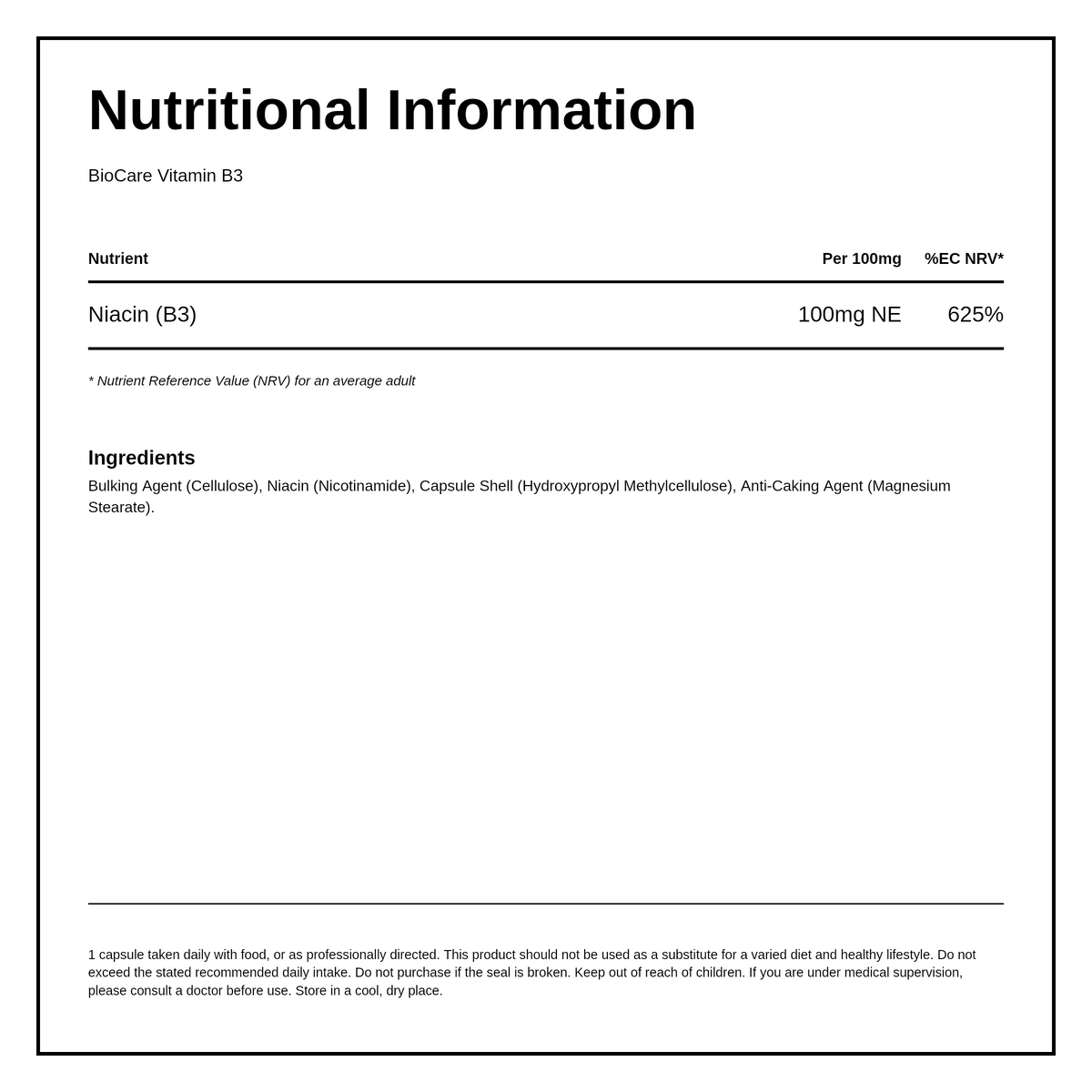 Biocare Vitamin B3 (niacinamide 100mg) 30 capsules — nutrition information panel, generated from the pack