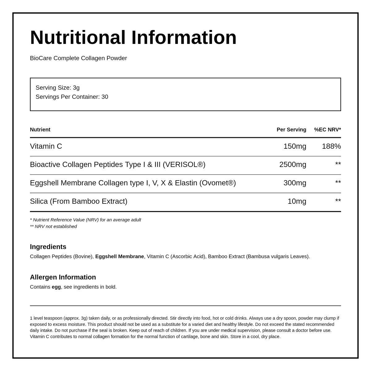 Biocare Complete Collagen Powder — nutrition information panel, generated from the pack