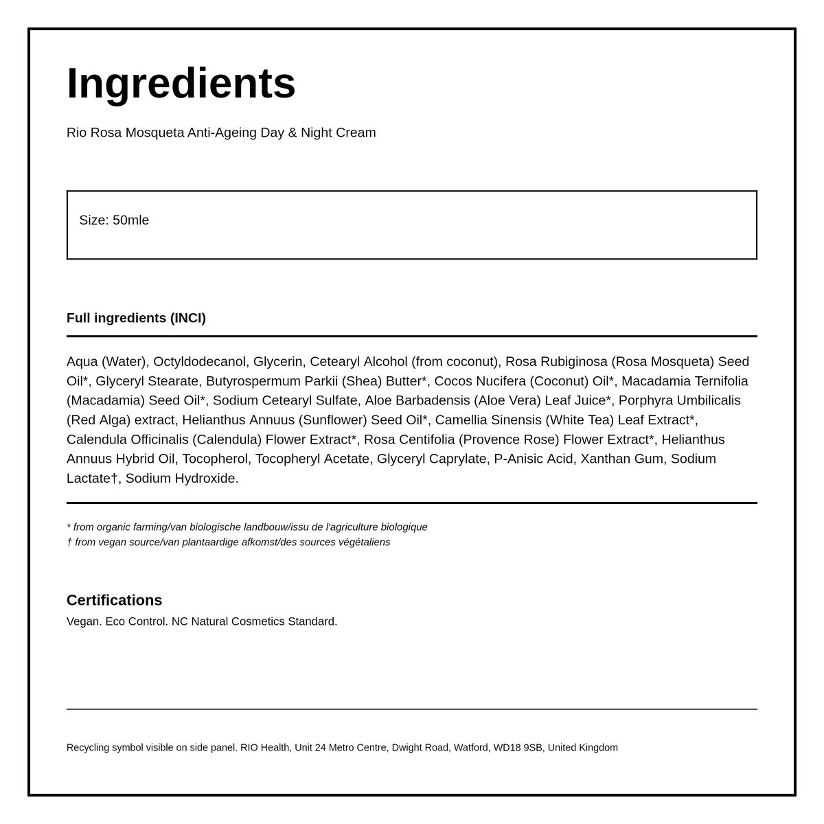 Rio Amazon Rio Rosa Mosqueta Day & Night Cream — ingredients (INCI) panel, generated from the pack