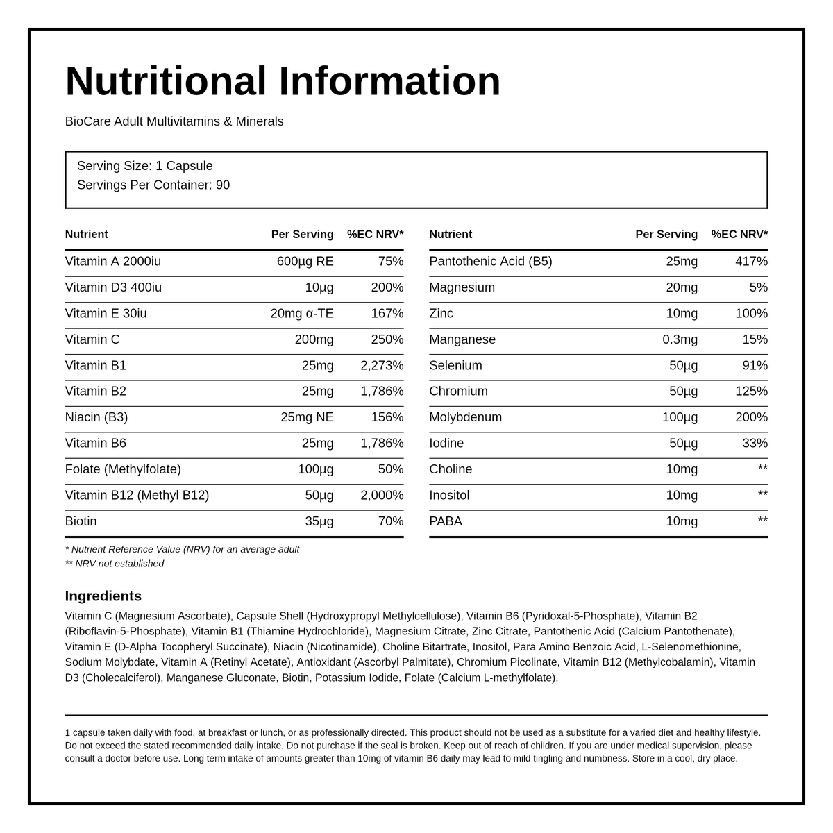 Biocare Adult Multivitamins & Minerals — nutrition information panel, generated from the pack