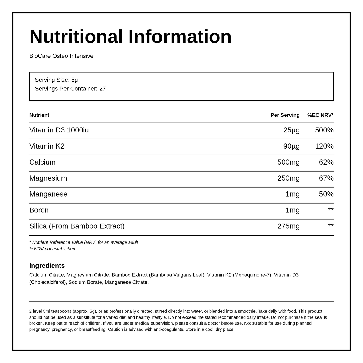 Biocare Osteo Intensive Powder 135g — nutrition information panel, generated from the pack