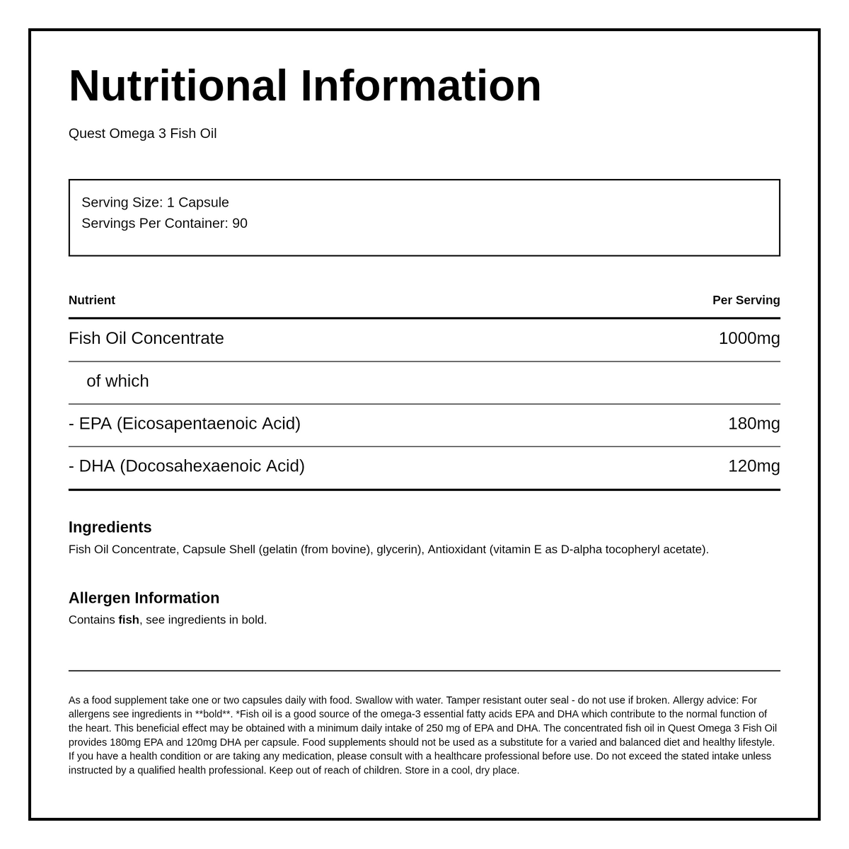 Quest Omega 3 Fish Oil 1000mg (100% Extra Free) — nutrition information panel, generated from the pack