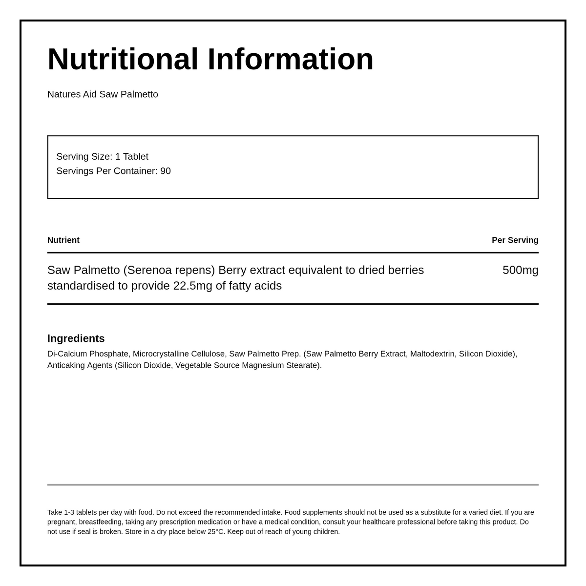 Natures Aid Saw Palmetto - 500mg 90 Tablets — nutrition information panel, generated from the pack