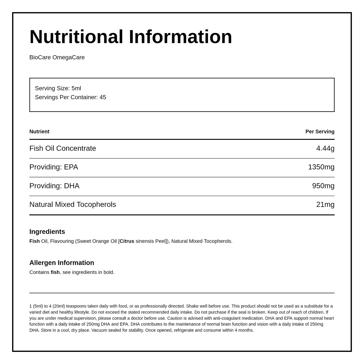 Biocare OmegaCare — nutrition information panel, generated from the pack