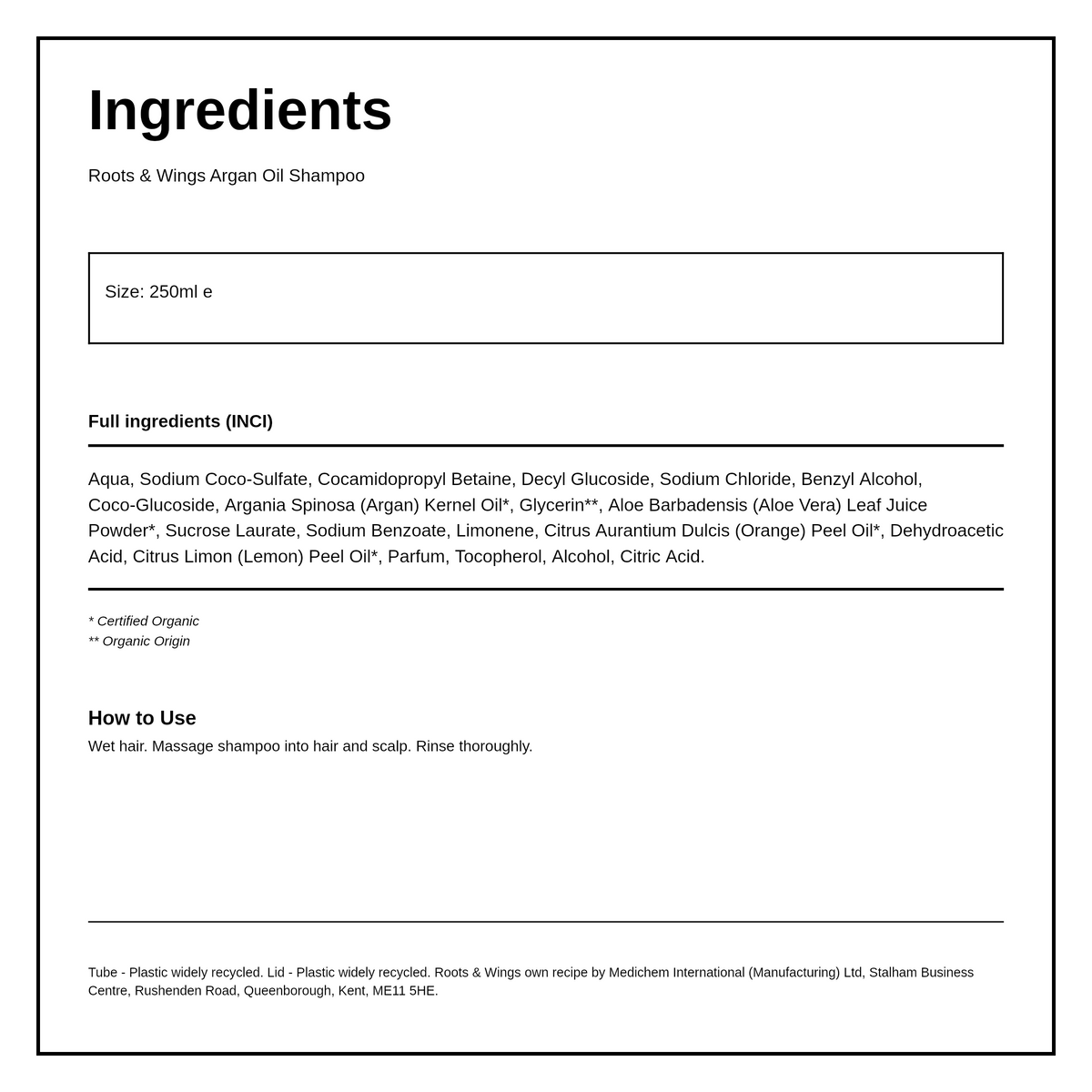 Roots and Wings Organic Argan Oil Shampoo — ingredients (INCI) panel, generated from the pack