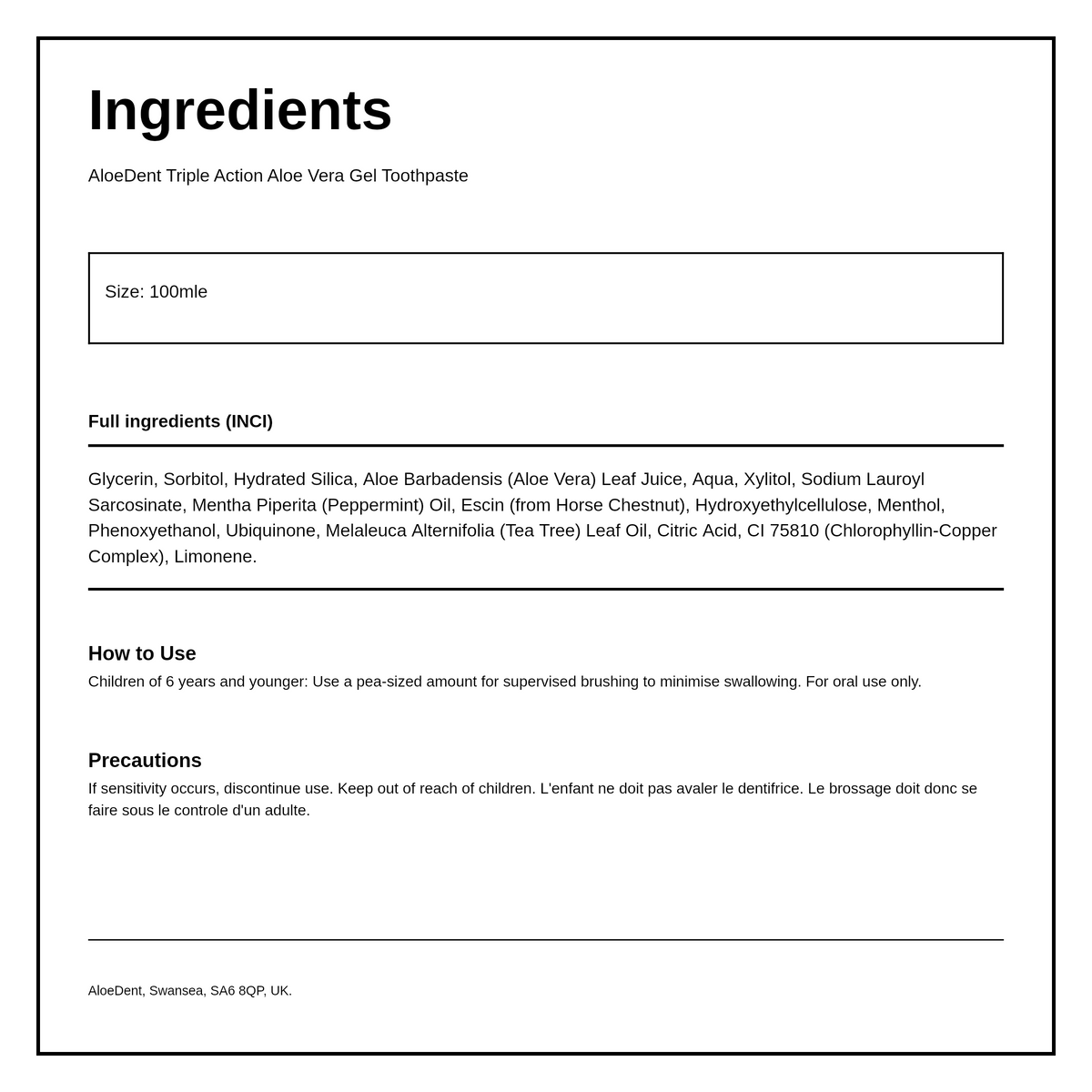 AloeDent Original Aloe Vera Toothpaste + Co Q10 -Mint — ingredients (INCI) panel, generated from the pack