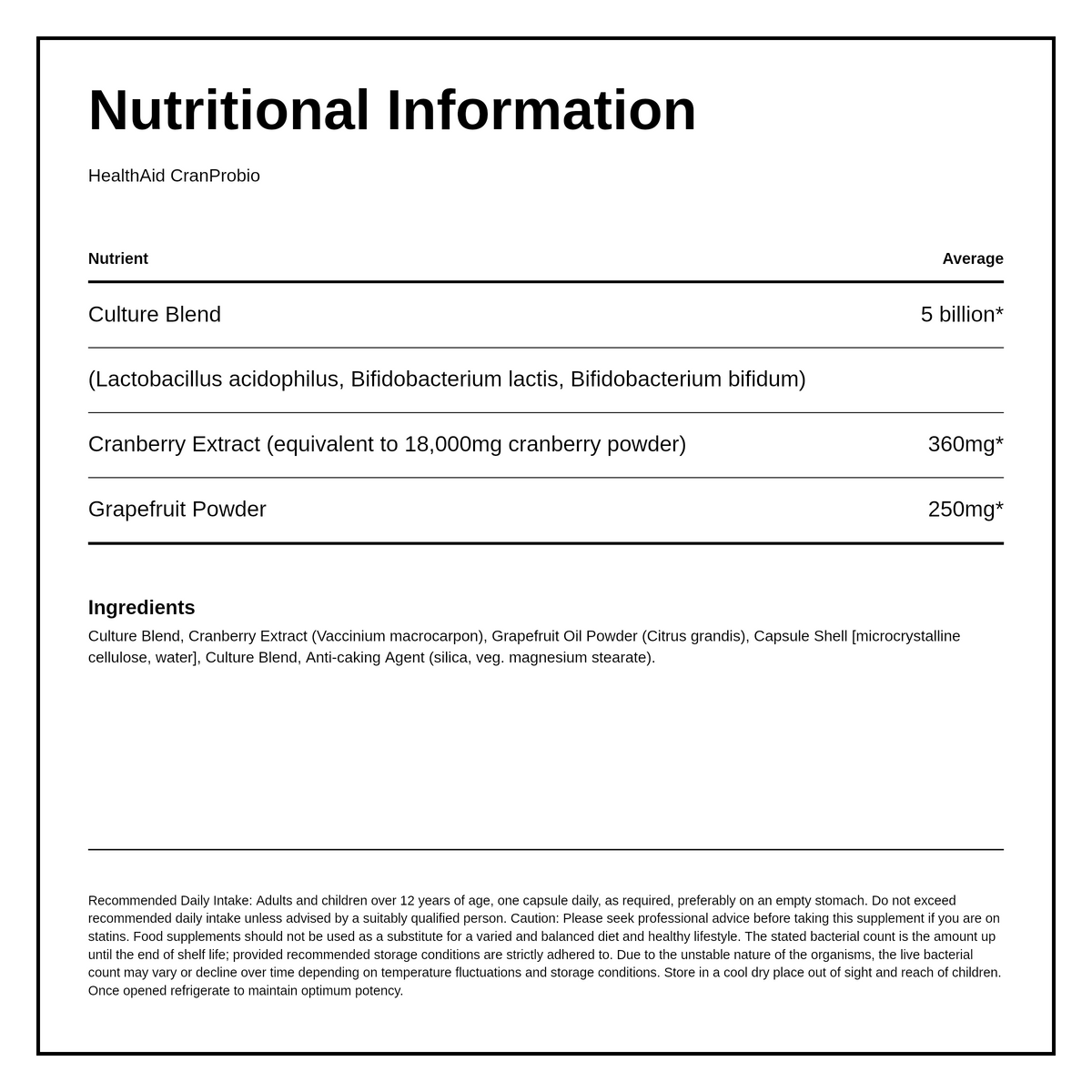 HealthAid Cranprobio (Cranberry Probiotic 5 Billion) - 30 Vegicaps — nutrition information panel, generated from the pack