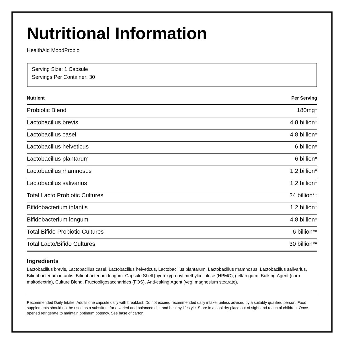 HealthAid Mood Probio Capsules — nutrition information panel, generated from the pack