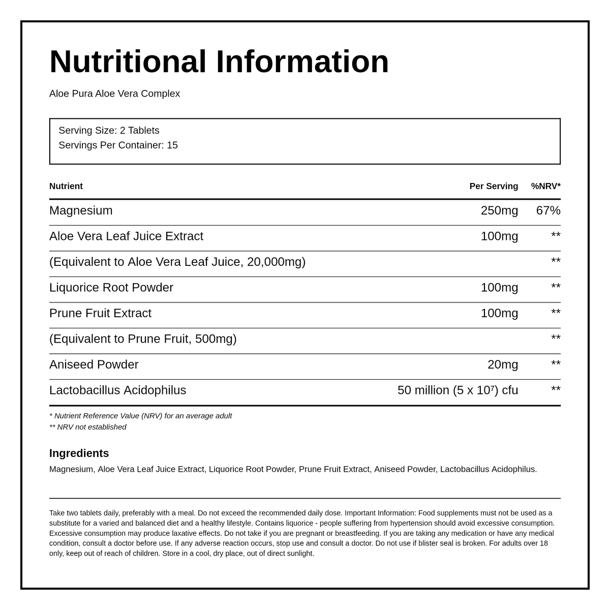 Aloe Pura Aloe Vera Gentle Action Complex 30 Tablets — nutrition information panel, generated from the pack