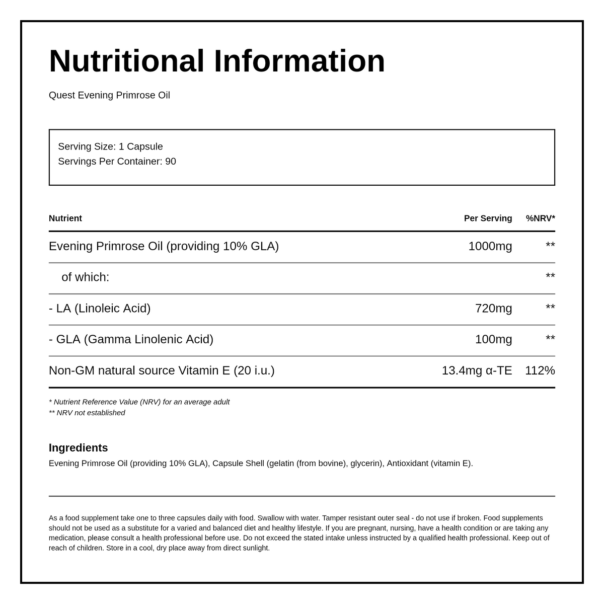 Quest EVENING PRIMROSE OIL 1000mg — nutrition information panel, generated from the pack