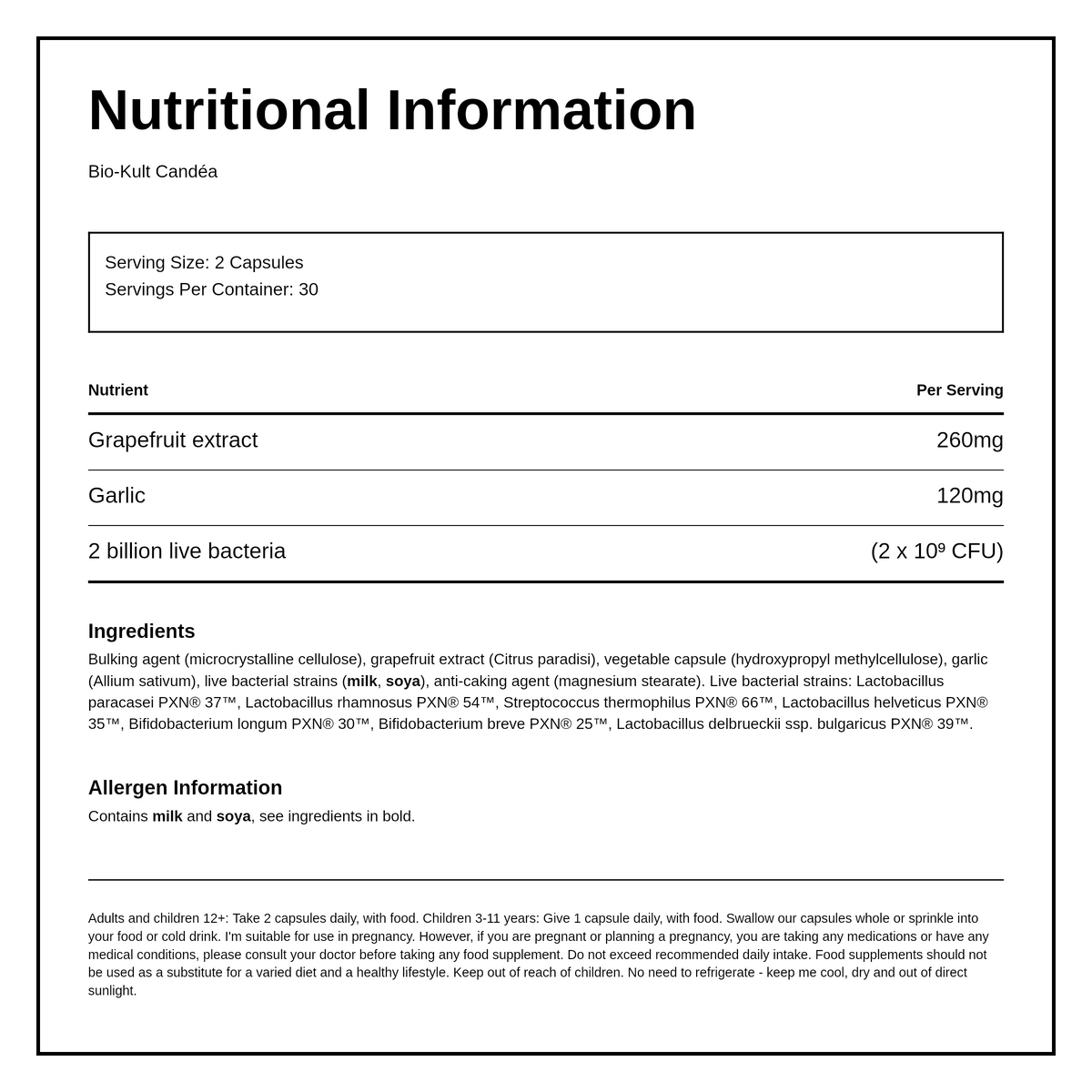 Bio-Kult Candea Capsules — nutrition information panel, generated from the pack