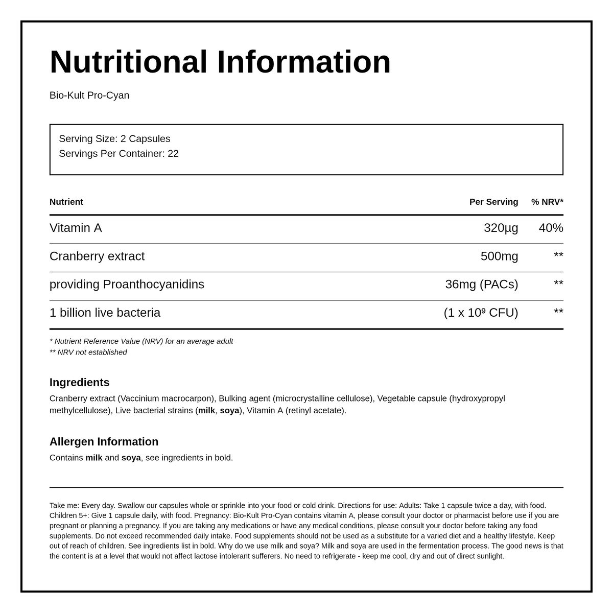Bio-Kult Pro-Cyan 45 Capsules — nutrition information panel, generated from the pack