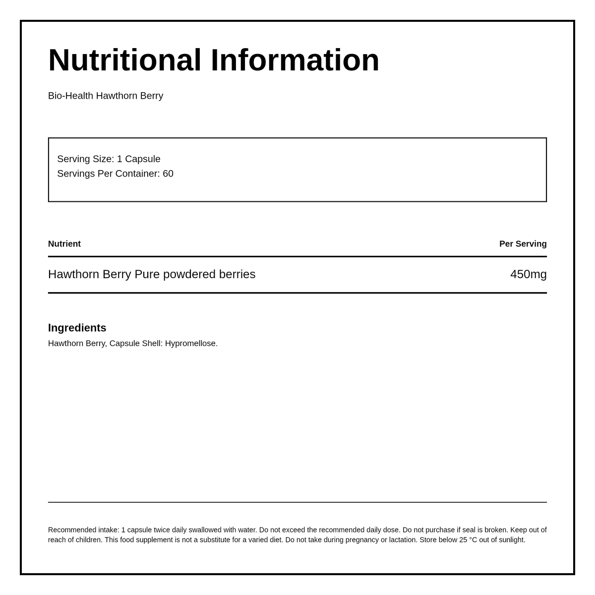Bio Health Hawthorn Berry 450mg — nutrition information panel, generated from the pack