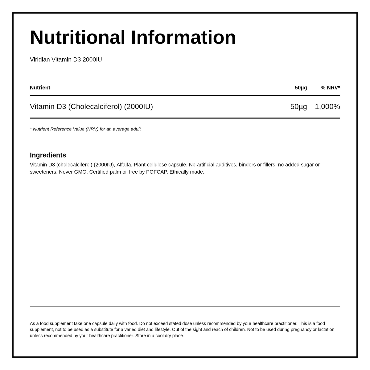 Viridian Vitamin D3 2000iu — nutrition information panel, generated from the pack