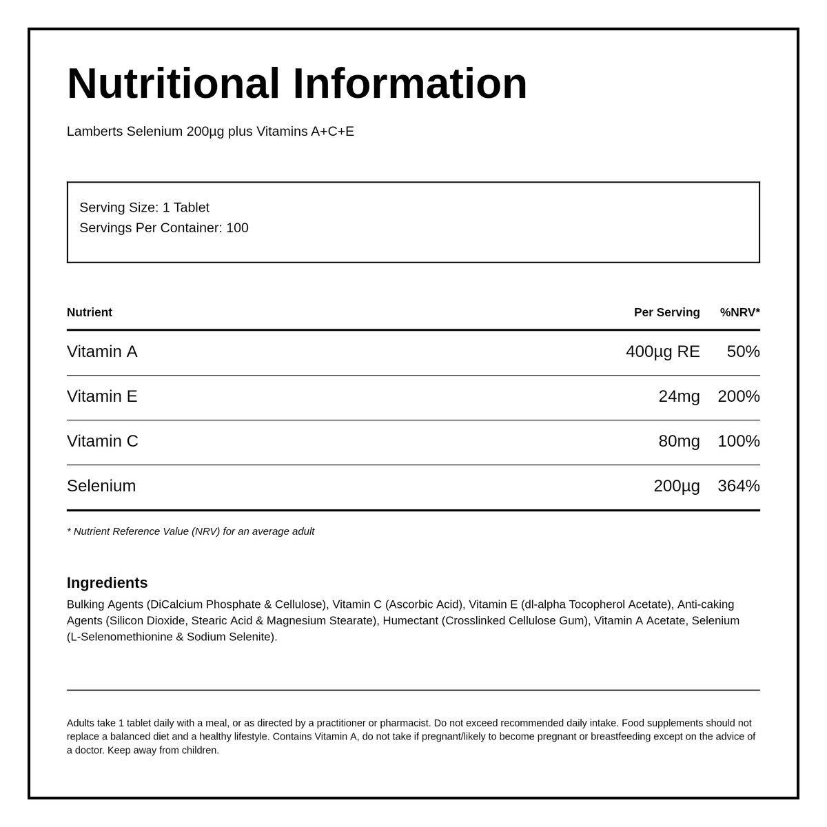 LAMBERTS Selenium 200µg plus A + C + E — nutrition information panel, generated from the pack