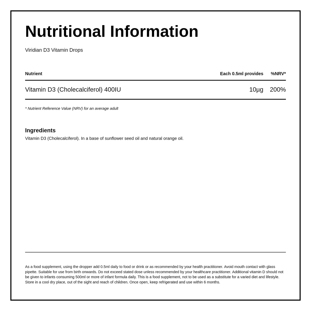 Viridian Viridikid Vitamin D3 Drops — nutrition information panel, generated from the pack