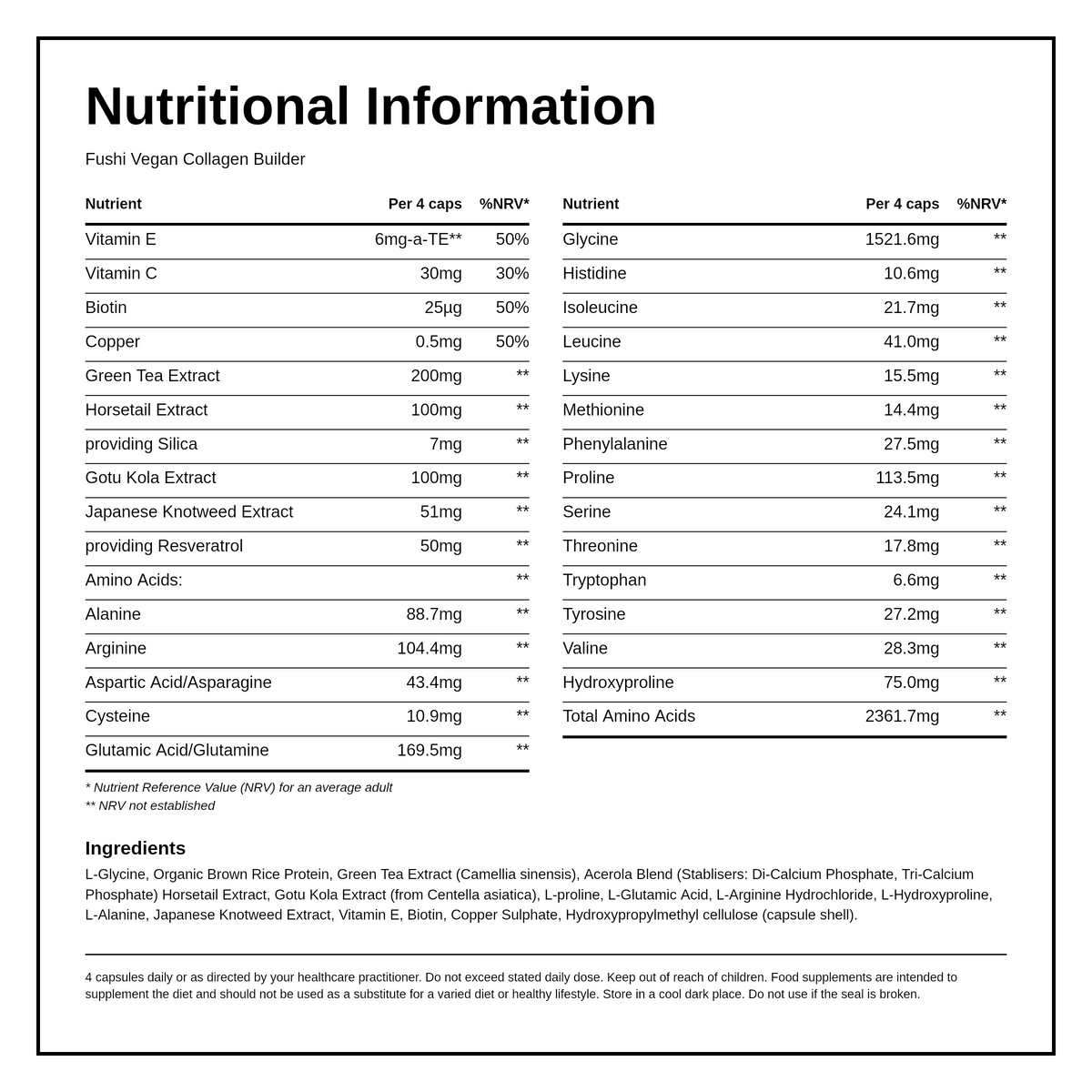 Fushi Wellbeing Vegan Collagen Builder 120 Capsules — nutrition information panel, generated from the pack