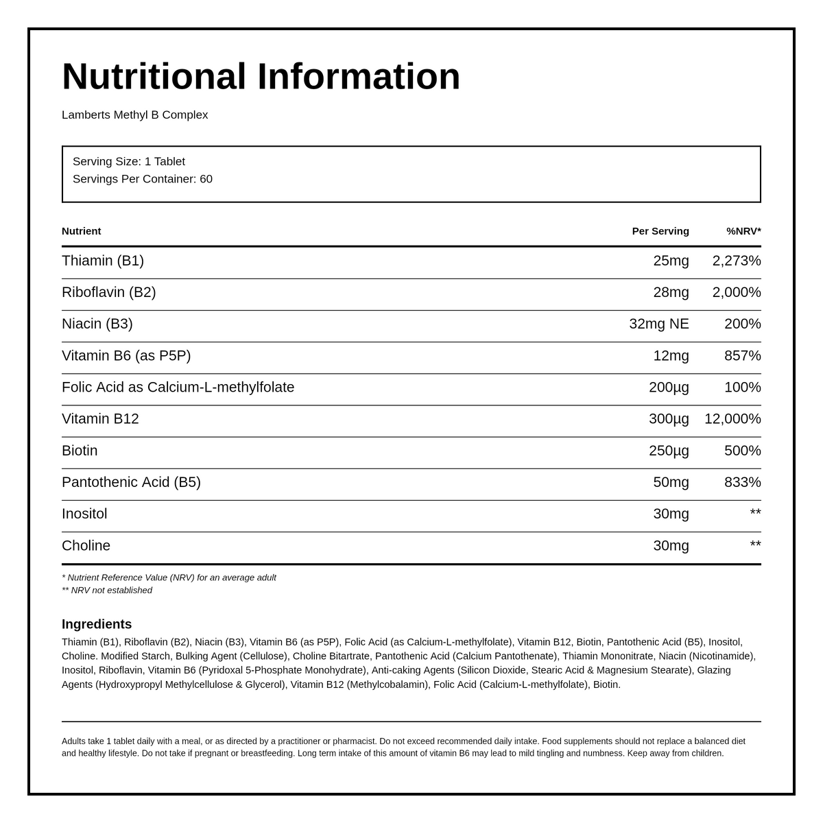 Lamberts Methyl B Complex — nutrition information panel, generated from the pack