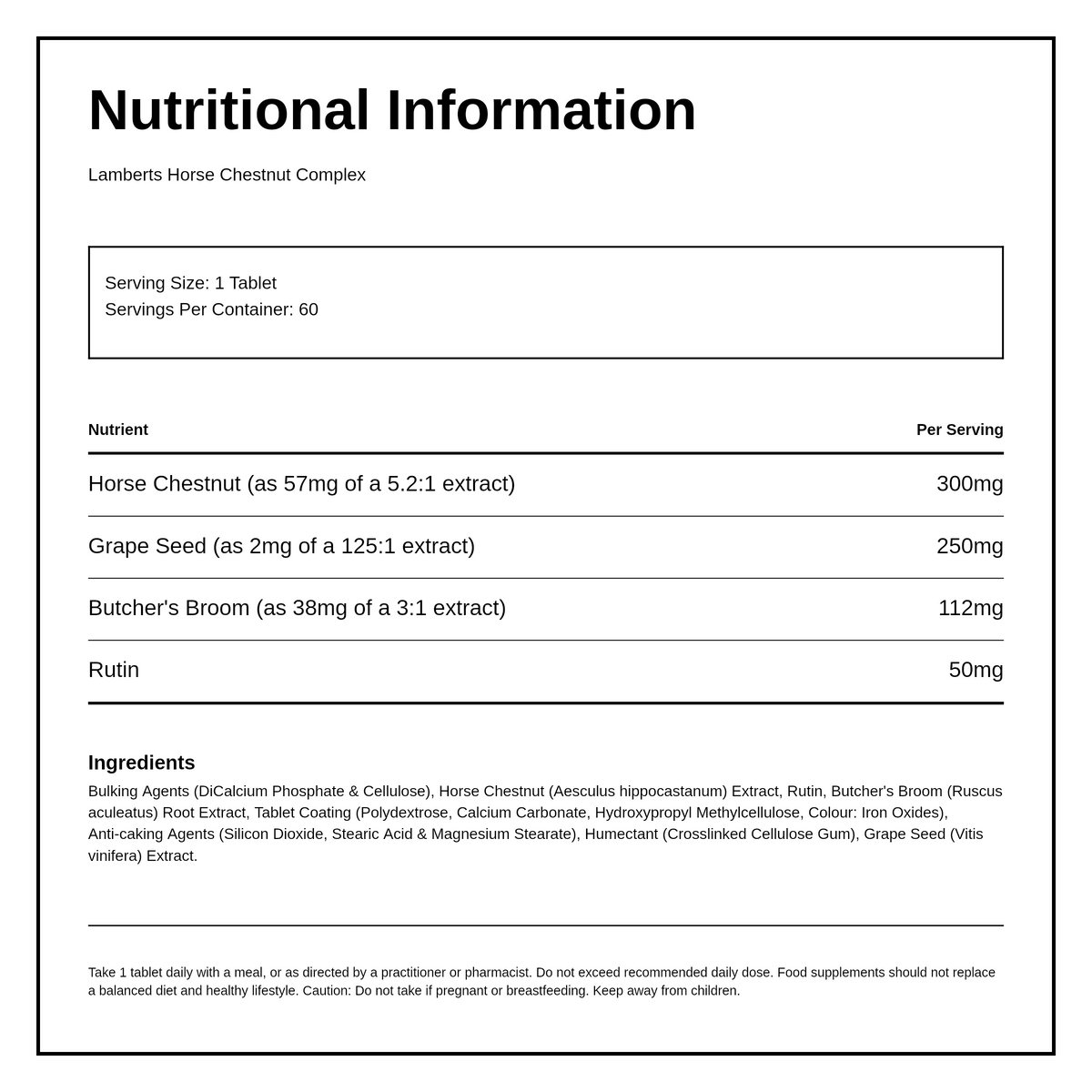 Lamberts Horse Chestnut Complex — nutrition information panel, generated from the pack