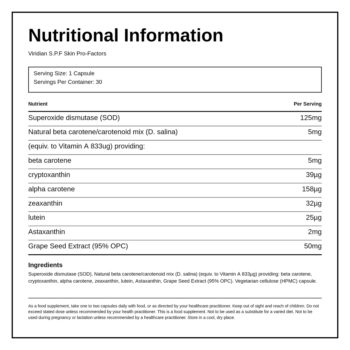Viridian S.P.F. Skin Pro-Factors — nutrition information panel, generated from the pack