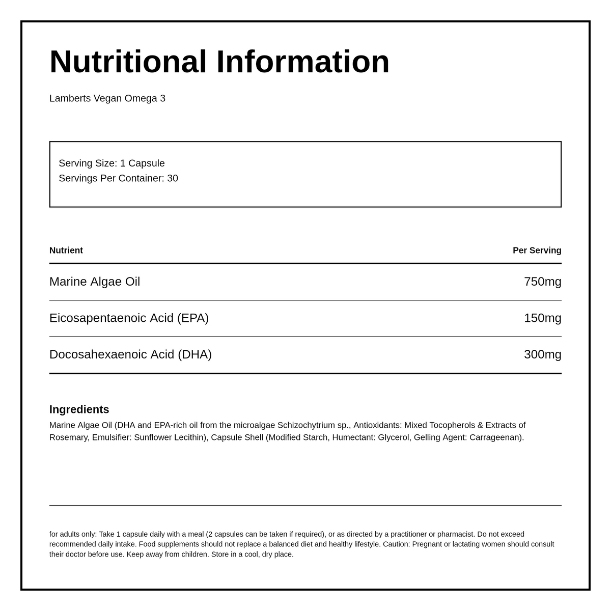 Lamberts Vegan Omega Capsules — nutrition information panel, generated from the pack