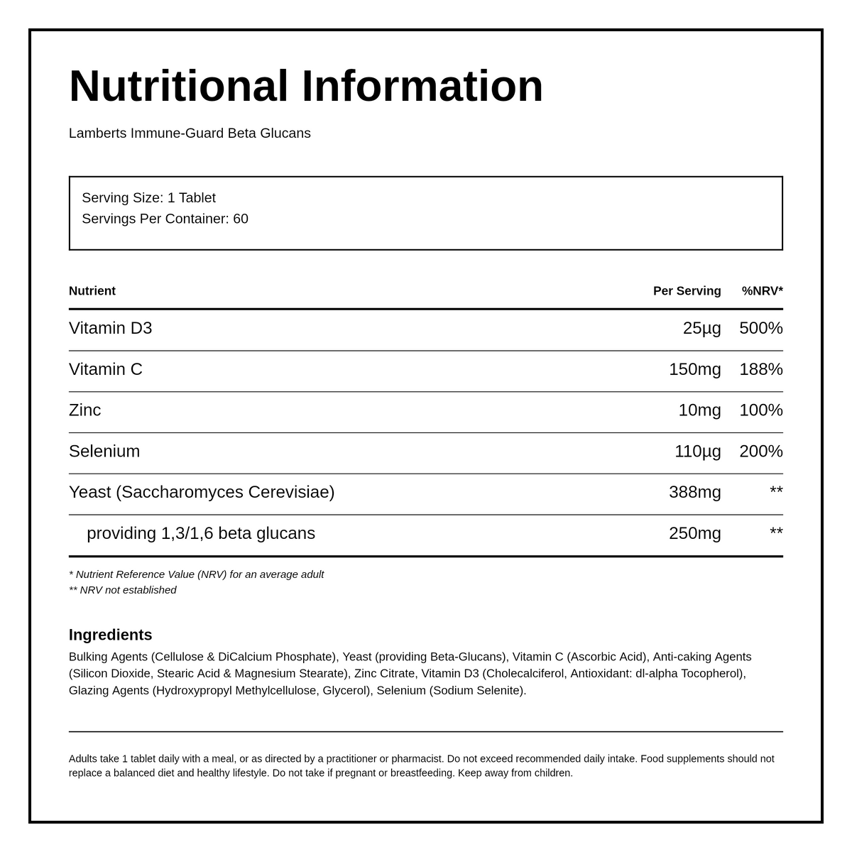 LAMBERTS Immune-Guard Beta Glucans — nutrition information panel, generated from the pack