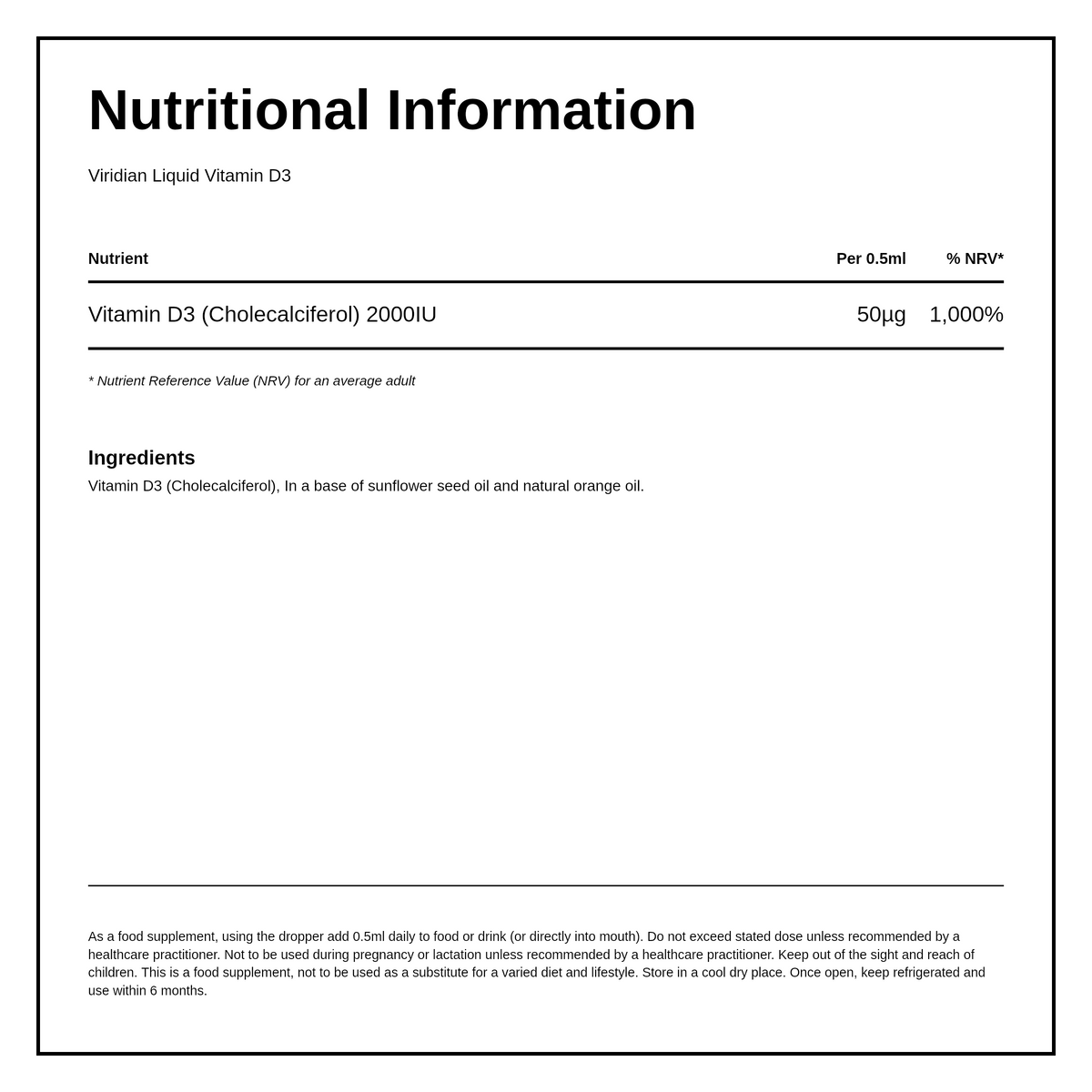 Viridian Liquid Vitamin D3 2000iu Drops — nutrition information panel, generated from the pack