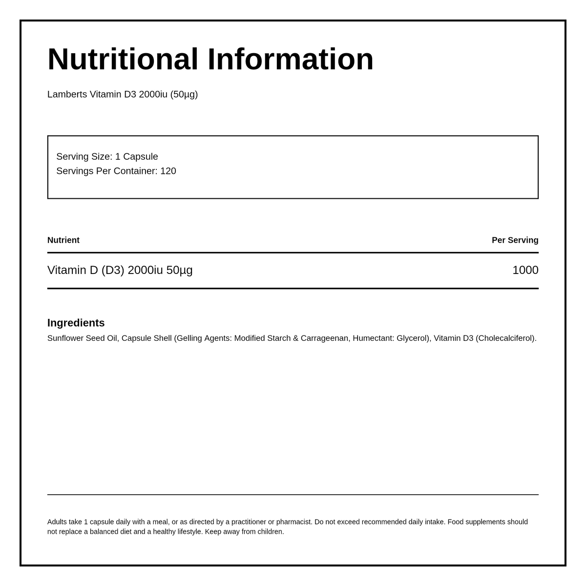 LAMBERTS Vitamin D3 2000 IU — nutrition information panel, generated from the pack