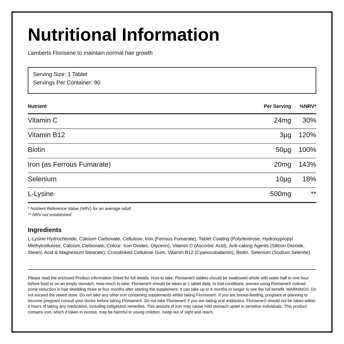 Lamberts Florisene To help maximise hair growth — nutrition information panel, generated from the pack