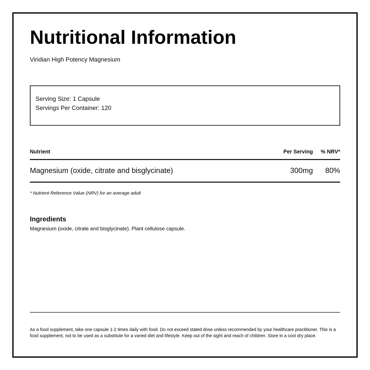 Viridian Hi-Potency Magnesium 300mg — nutrition information panel, generated from the pack