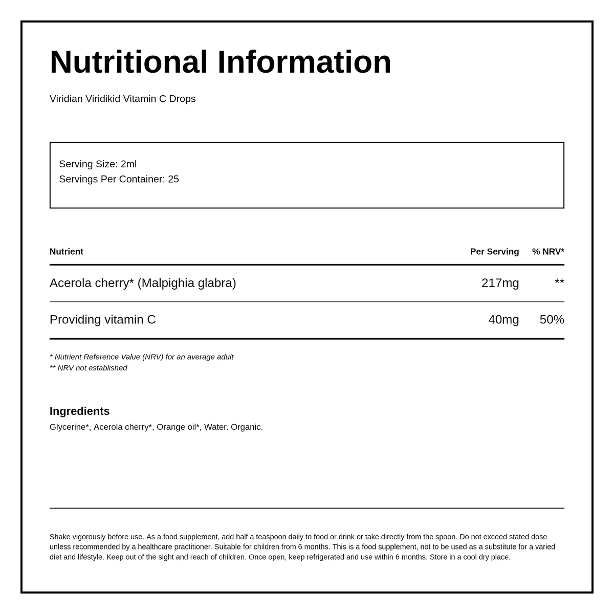 Viridian Organic Viridikid Liquid C drops — nutrition information panel, generated from the pack