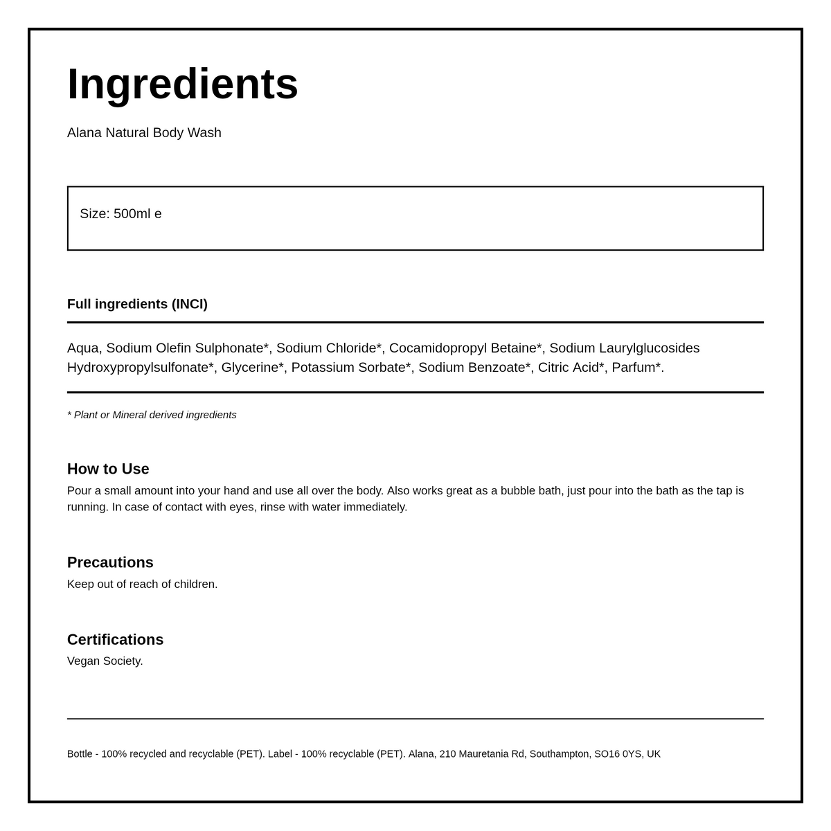 Alana Aloe Vera and Avocado Body Wash — ingredients (INCI) panel, generated from the pack
