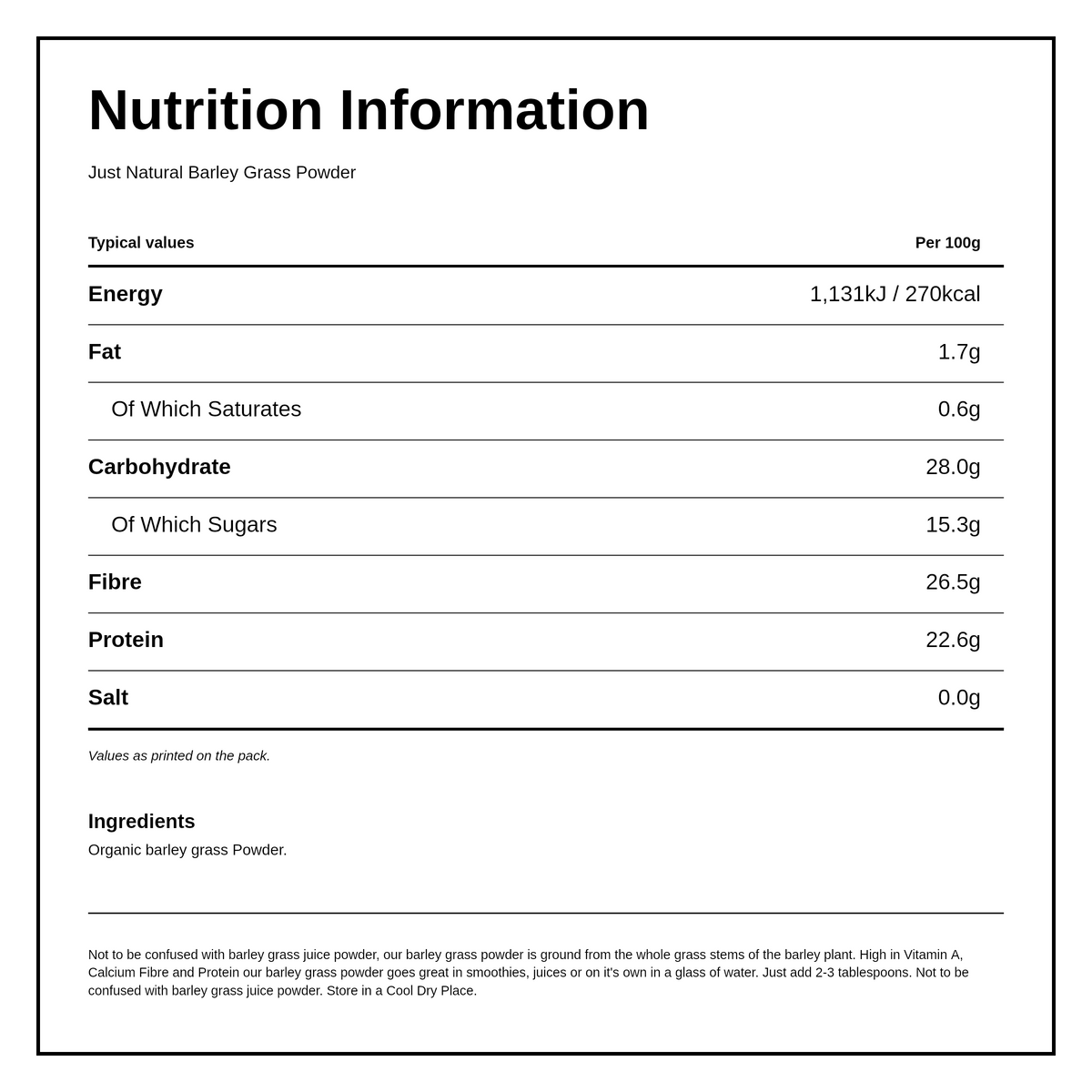 Just Natural Organic Barley Grass Powder — nutrition information panel, generated from the pack