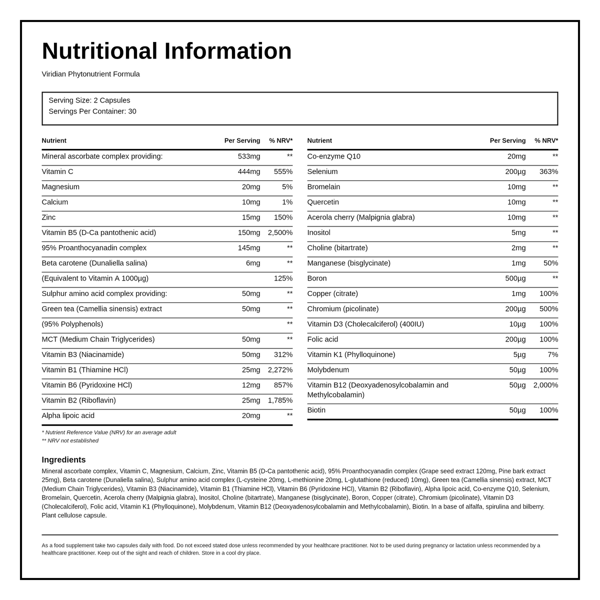 Viridian PhytoNutrient Formula Multivitamin — nutrition information panel, generated from the pack