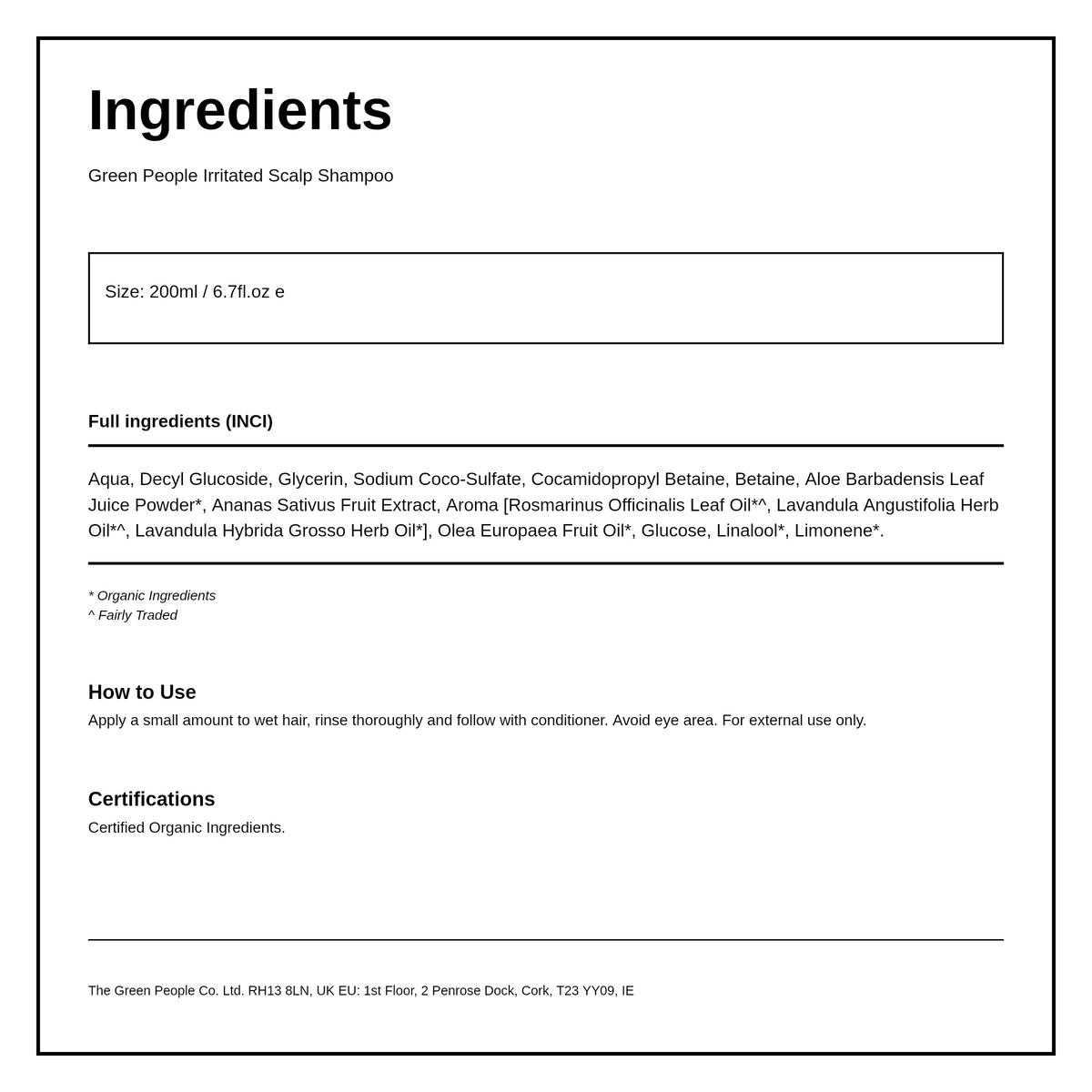 Green People Irritated Scalp Shampoo 200m — ingredients (INCI) panel, generated from the pack