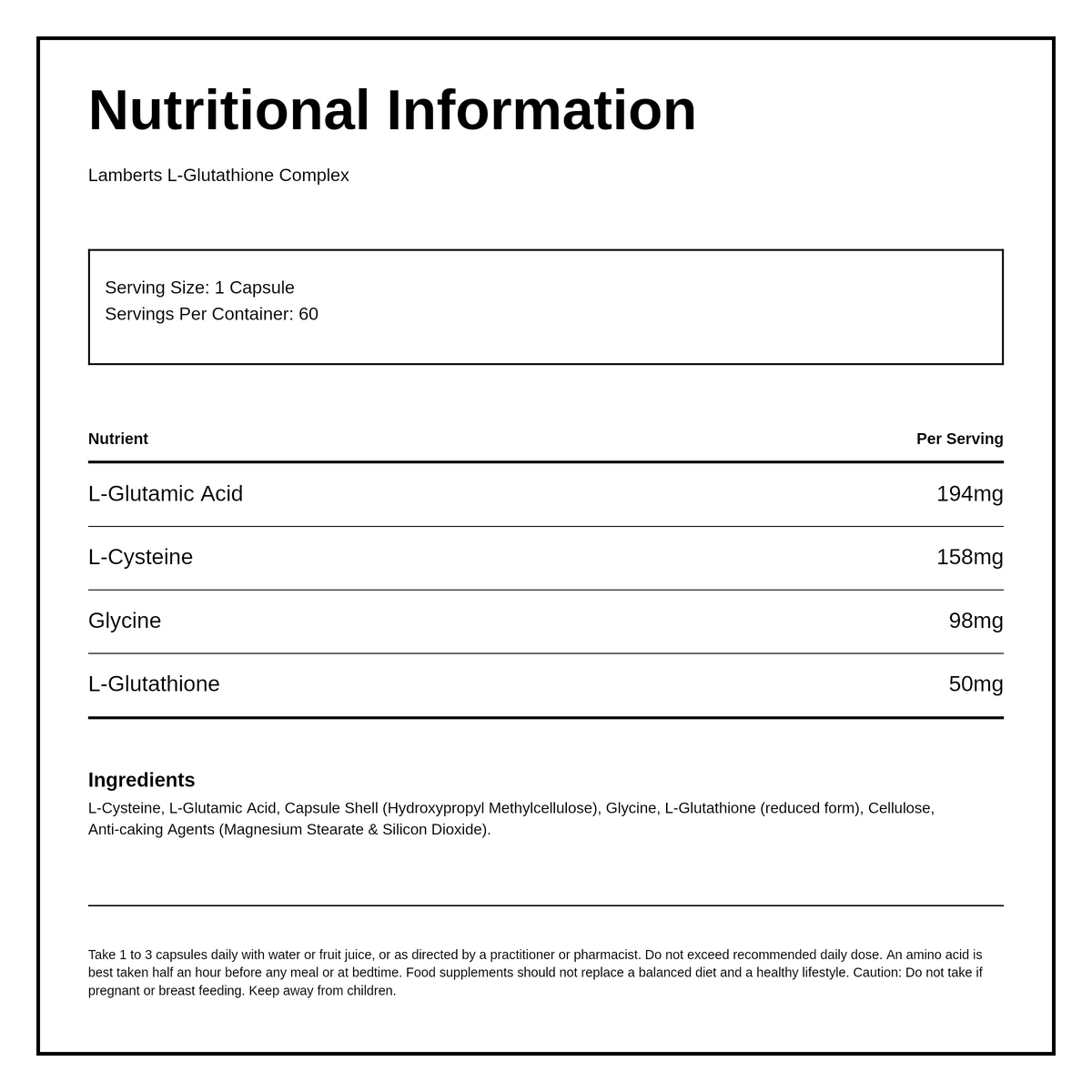 LAMBERTS L-GLUTATHIONE COMPLEX — nutrition information panel, generated from the pack