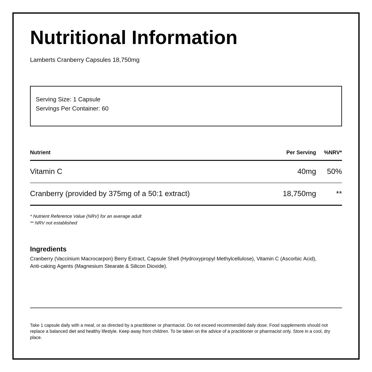 LAMBERTS CRANBERRY Capsules 18,750mg — nutrition information panel, generated from the pack