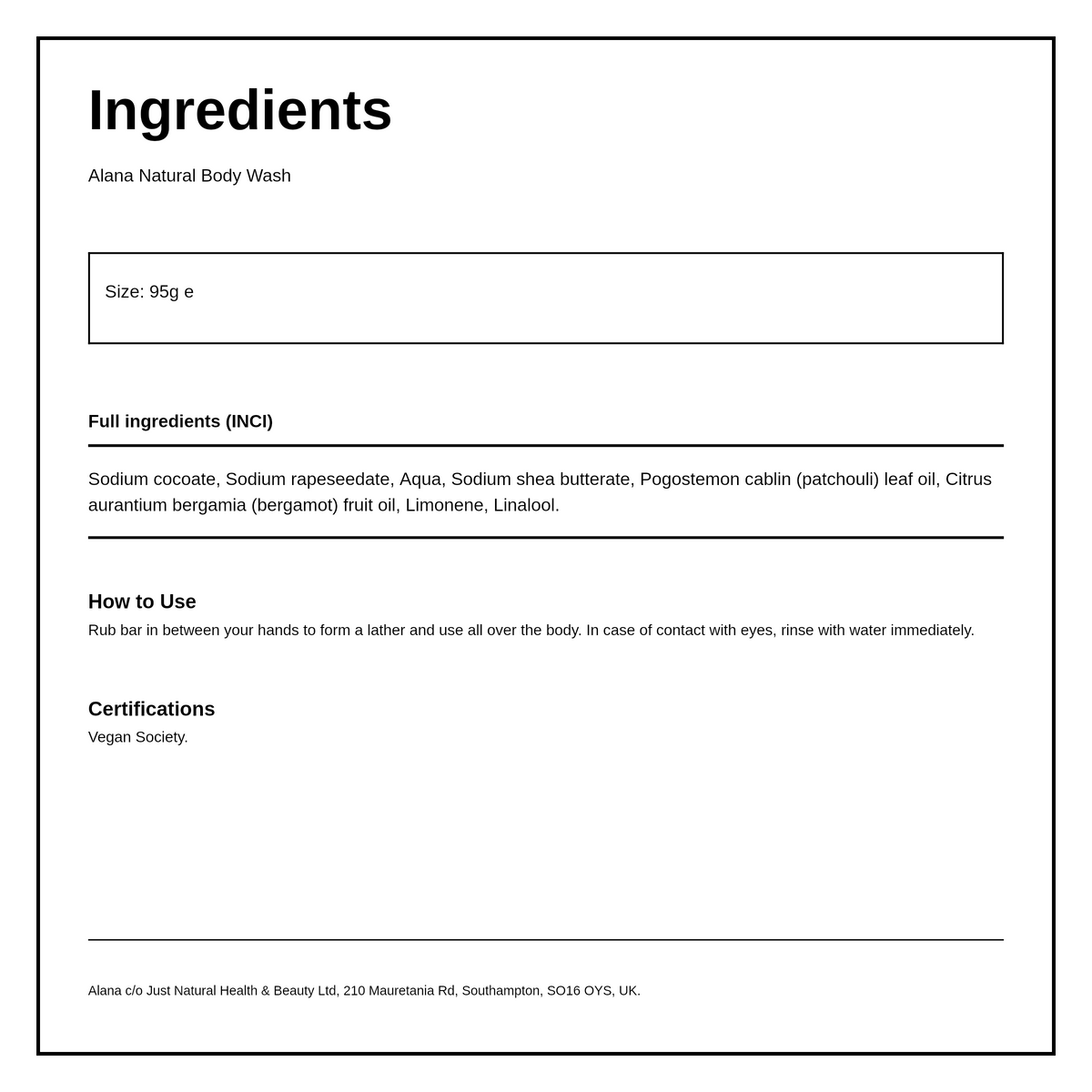 Alana Patchouli & Bergamot Natural Body Wash Bar — ingredients (INCI) panel, generated from the pack
