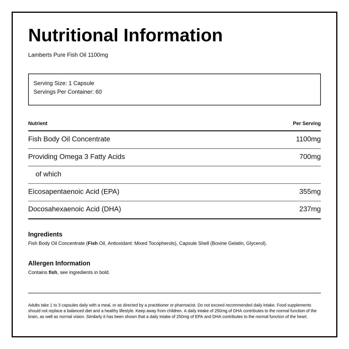 LAMBERTS Pure Fish Oil 1100mg — nutrition information panel, generated from the pack