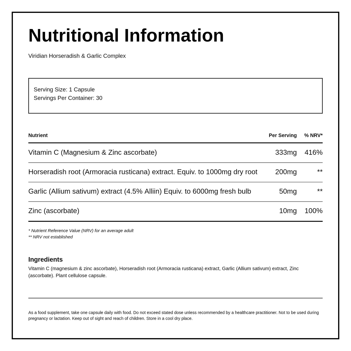 Viridian Horseradish & Garlic Complex — nutrition information panel, generated from the pack