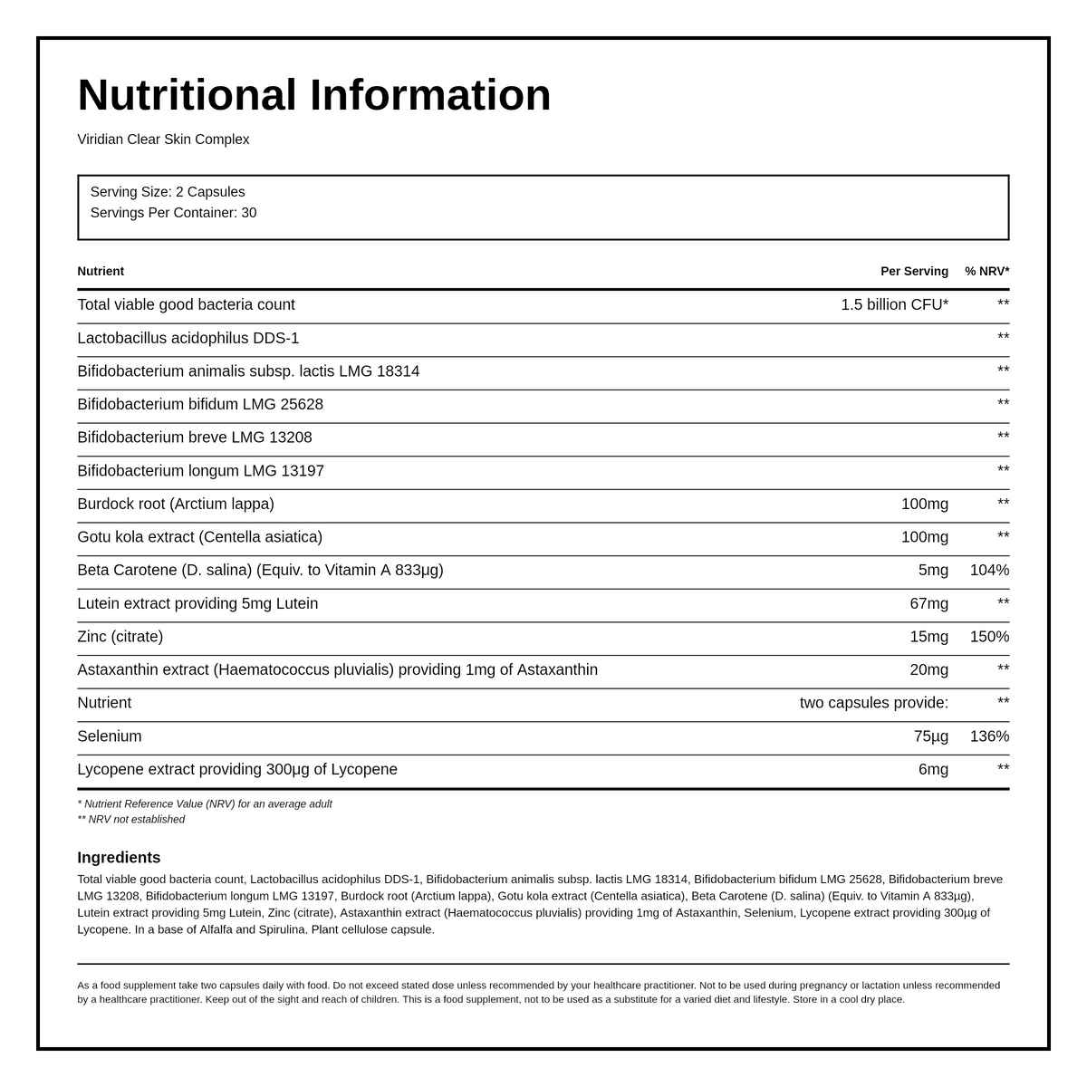 Viridian Clear Skin Complex — nutrition information panel, generated from the pack
